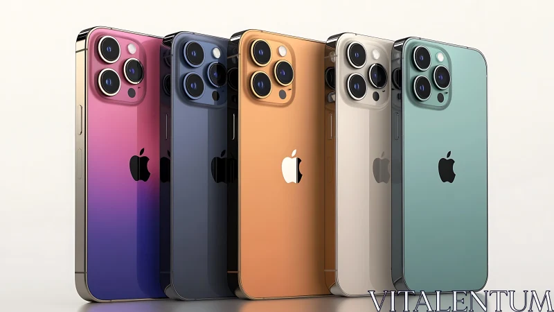 Five iPhone Pro units displayed in varying color finishes and viewing angles.