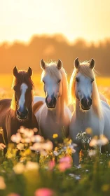 Three horses stand in a sunlit field of wildflowers
