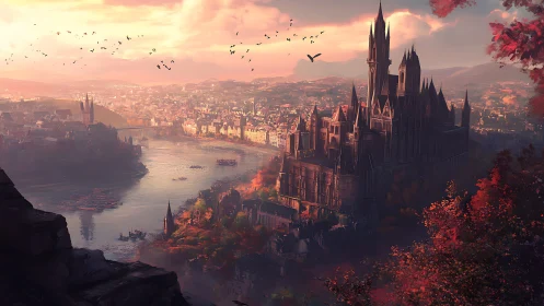 Sunlit gothic riverside citadel above sprawling autumn city.