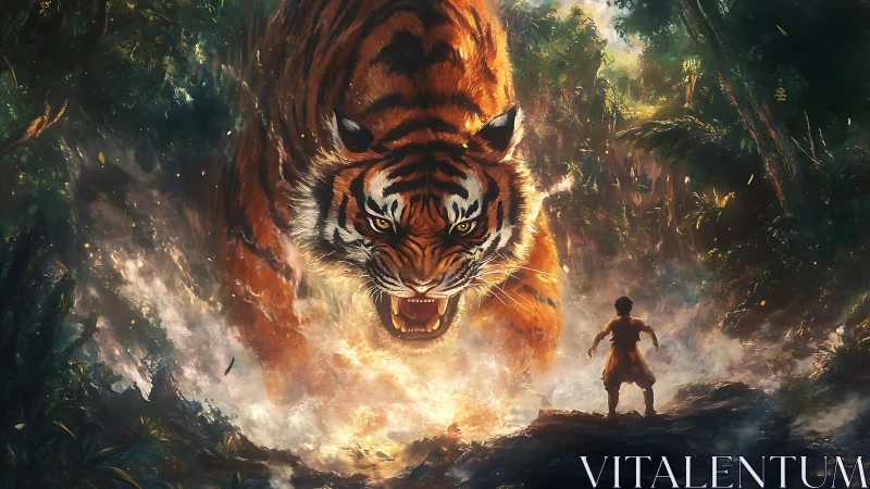 Roaring jungle titan confronts fearless child of embers.