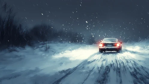 Car on snow-covered rural road in heavy night snowfall.