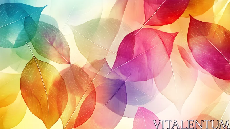 Gentle rainbow leaves drift softly across a glowing sky