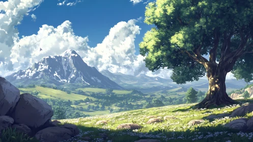 Sunlit alpine meadow with lone oak and distant snow peak