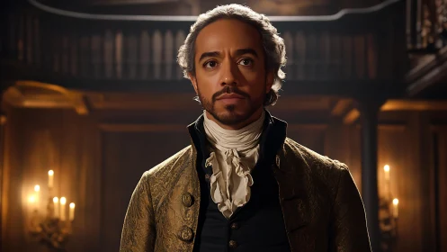 Regal nobleman in candlelit hall wears ornate gold coat