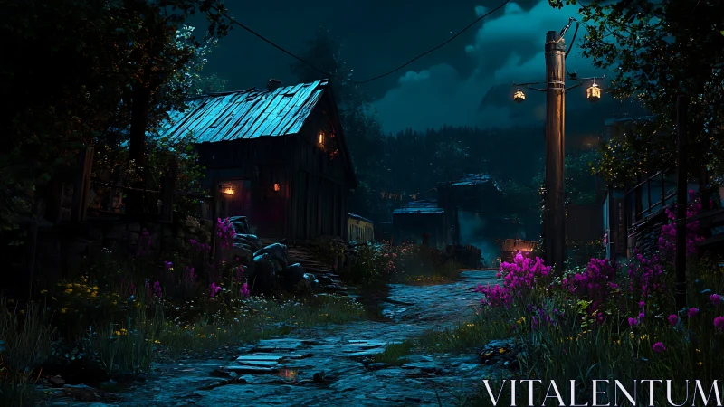 Rural village path at night lit by warm cottage lamps