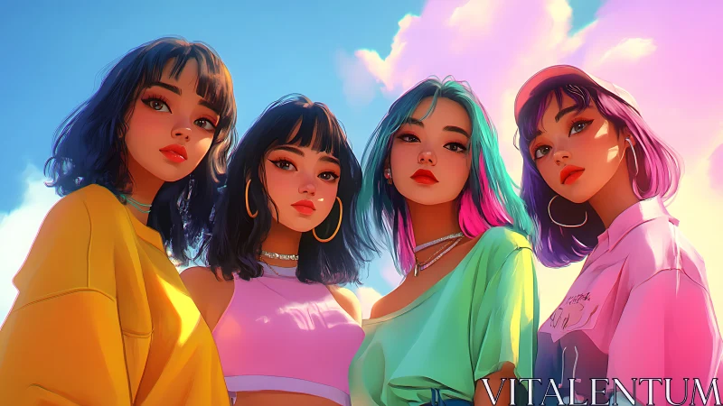 Four stylized girls pose outdoors under vivid sunset sky
