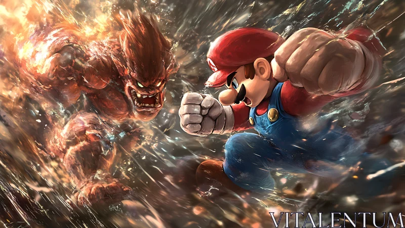 Mario charges forward to punch a flaming beast head on