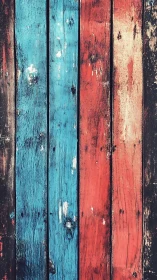 Weathered carnival planks in worn blue and ember red.