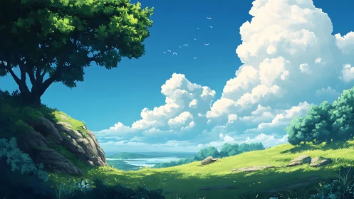 Grassy coastal hillside extends under towering cumulus clouds