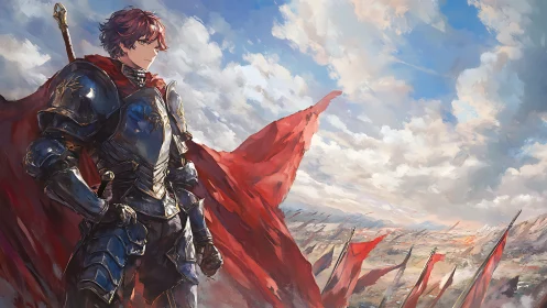 Crimson cloaked knight surveying a storm-streaked battlefield.