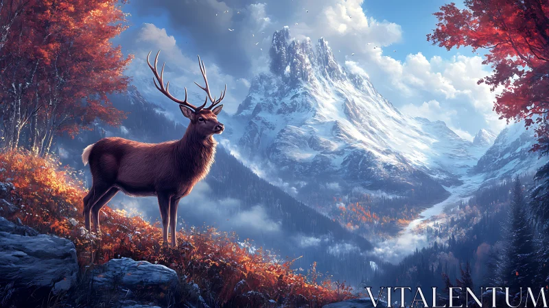 Stag stands on an autumn hillside before a snow-covered peak