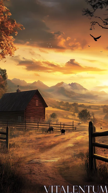 Sunlit rural farm road under golden mountain sunset.