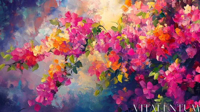 Branch with multicolored blossoms in abstract oil style.