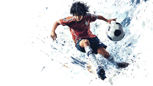 Dynamic anime footballer in mid-air kick with paint bursts.