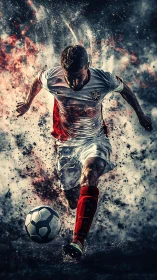 Soccer player running with ball amid abstract particle field.