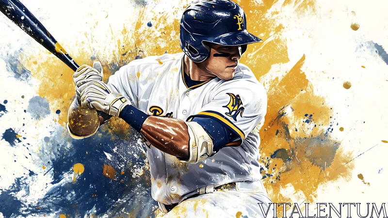 Baseball hitter drives bat through bold splatter color storm.