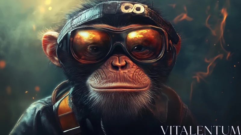 Aviator chimp hero in ember-lit goggles of quiet swagger.