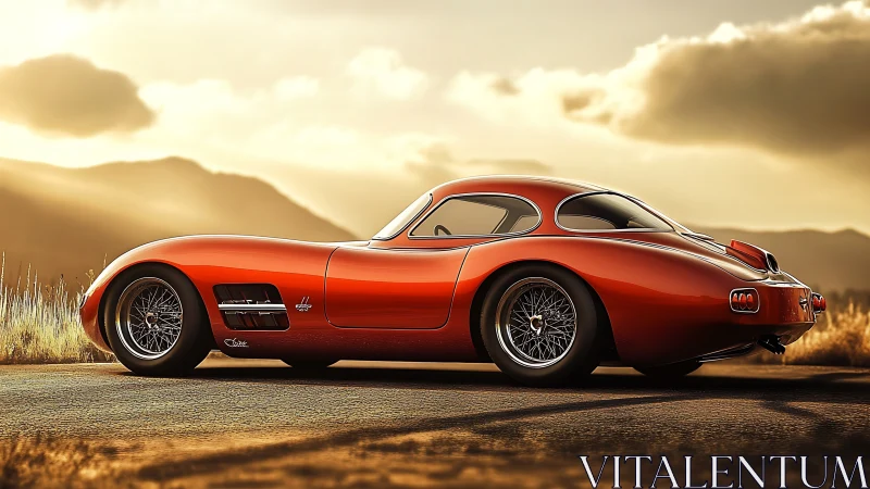 Sunlit retro sports coupe on mountain road at dusk.