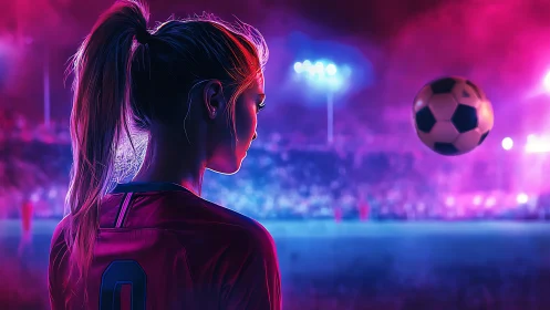 Female soccer player under stadium lights with ball in play.
