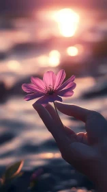 Hand holds single flower against defocused backlit water