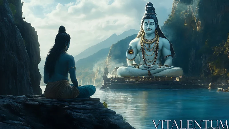 Divine yogi overlooks monumental deity across misty lake.