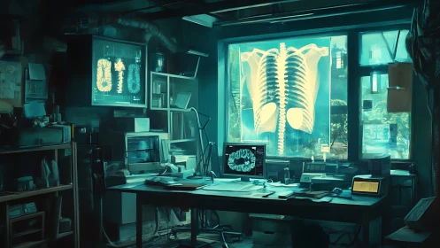 Noir radiology lab glows with neon bones and data ghosts.