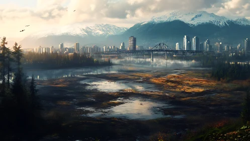 Snowcapped mountains frame a misty river city at dawn.