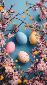Pastel Easter eggs surrounded by blooming cherry branches.