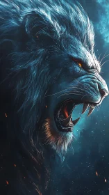 Mythic ice lion roars through ember-lit cosmic night.
