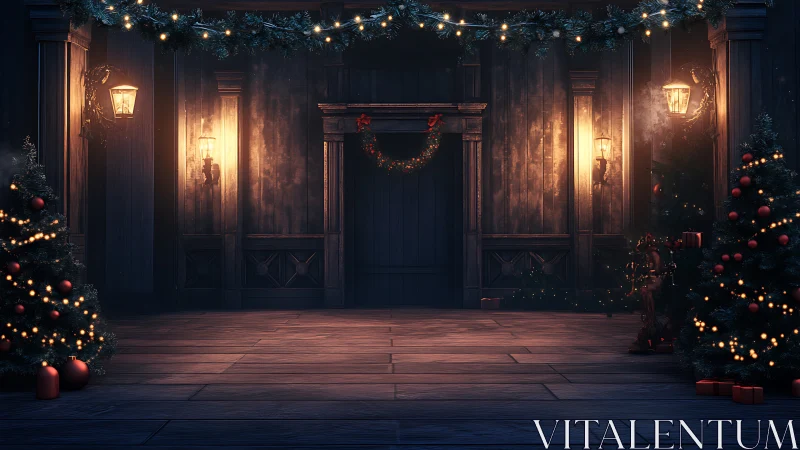 Warmly illuminated wooden hall frames symmetrical festive entry