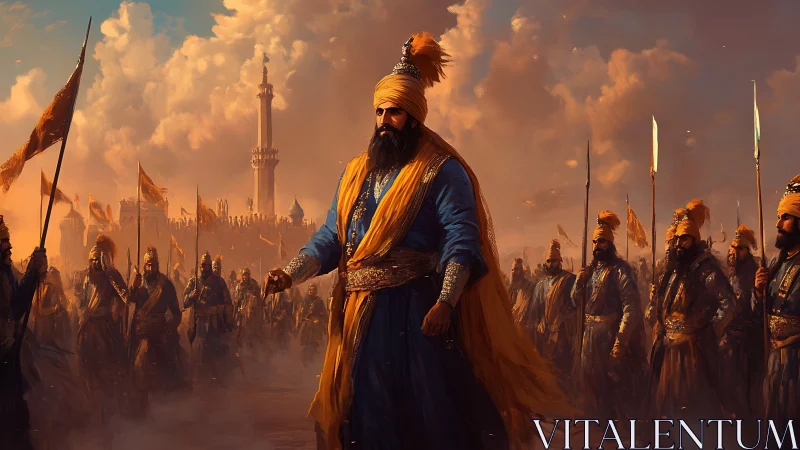 Sikh warrior commander leads armed soldiers before fortress.