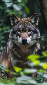 Front-facing gray wolf portrait with shallow depth-of-field rendering