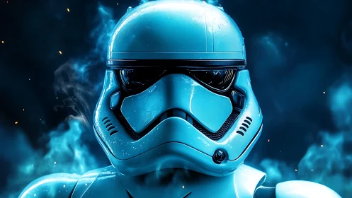 Chrome-clad space trooper rising through electric nebula haze.