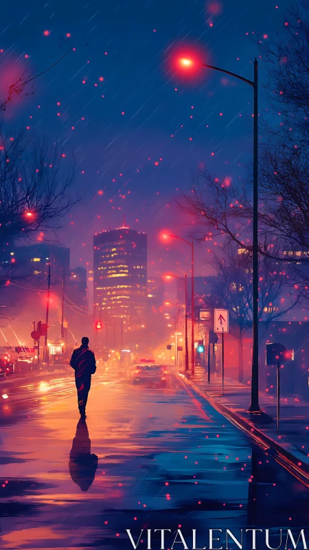 Solitary figure under neon rain on reflective city street.