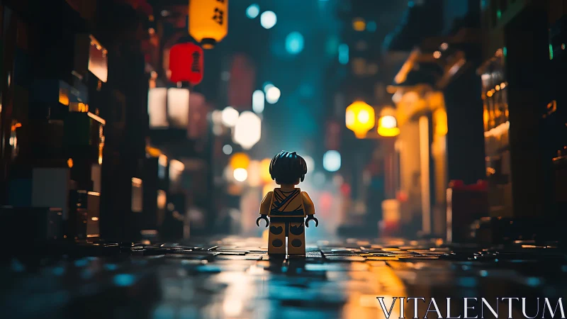 Midnight plastic ronin wanders through neon rain-slick alleys