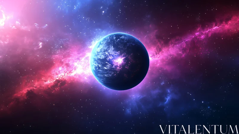 Luminous exoplanet silhouette against ionized nebular rift.