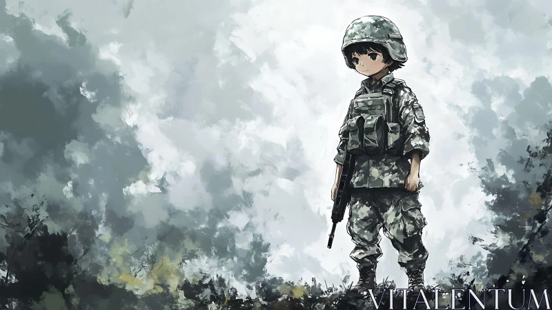 Young soldier drifts through misty battlefield silence.