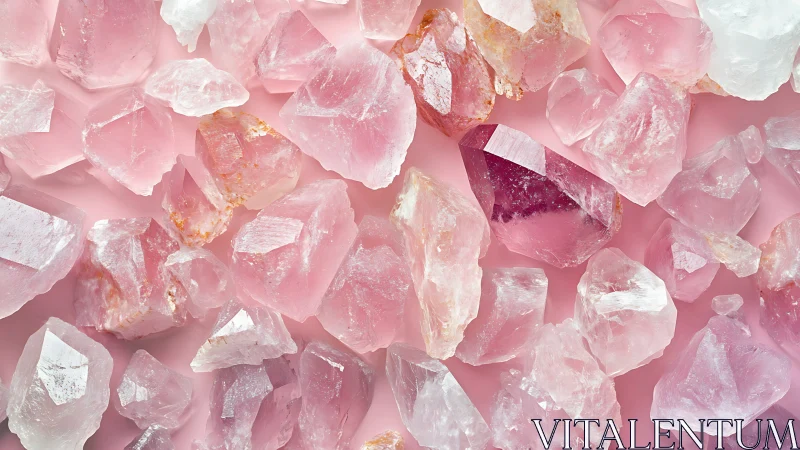 Raw rose quartz crystals scattered on soft pink backdrop.