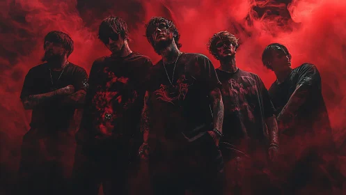 Five-person group stands in dense red atmospheric lighting haze