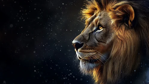 Majestic lion profile in cinematic low key rim lighting.