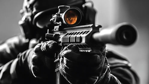 Tactical marksman aiming through illuminated rifle scope.