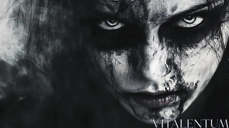 Storm-eyed revenant in smeared charcoal warpaint glare.