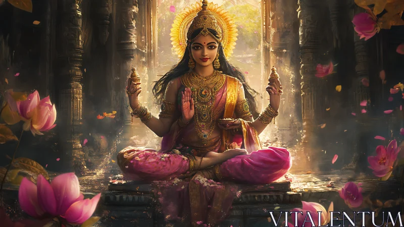 Radiant goddess in lotus pose illuminates a sacred temple