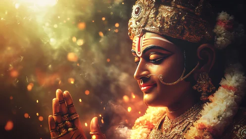 Photorealistic deity sculpture in warm ceremonial bokeh glow