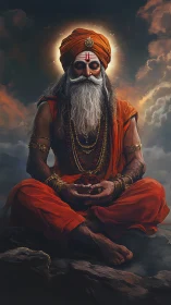 Meditating sage in glowing aura amid stormy twilight clouds.