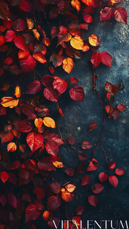 Crimson autumn vine against textured navy stone wall.