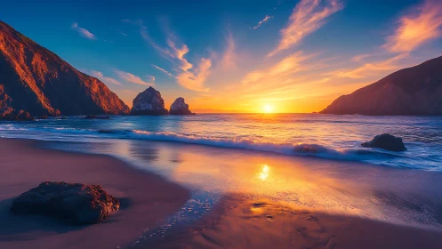 Coastal shoreline at sunset with cliffs and scattered rocks.