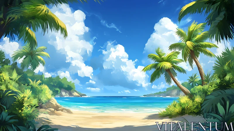 Tropical Island Beach Paradise with Palm Trees.