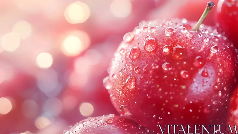 Glistening red cherries sparkle with fresh morning dew