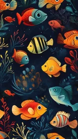 Color-saturated tropical fish glide through stylized reef space